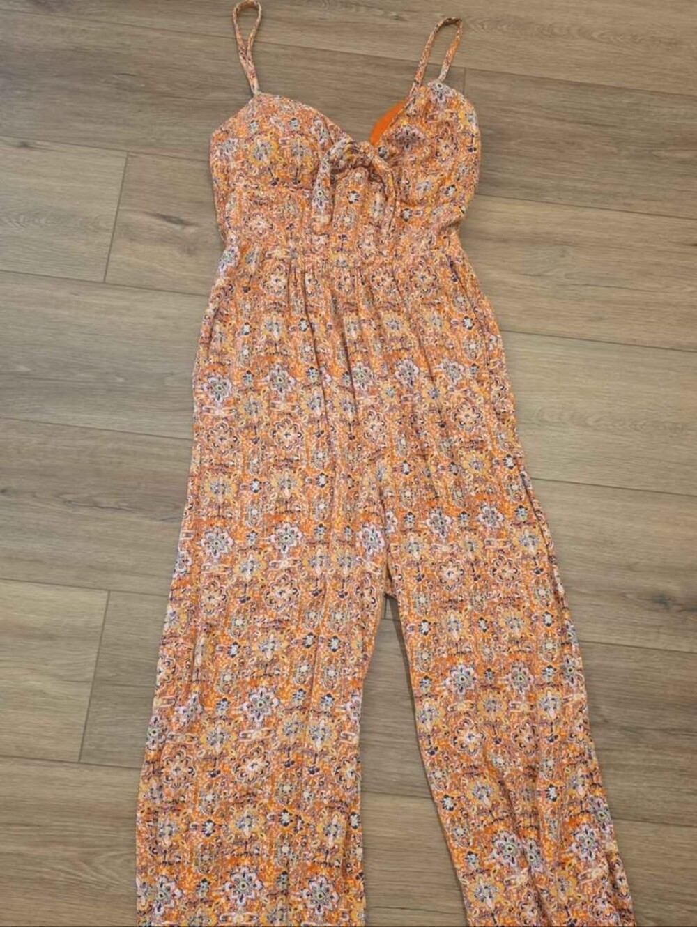 AUW Orange Printed Wide-Leg Romper with Pockets